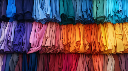Colorful background of clothes. A Spectrum of multi colored background aligned 