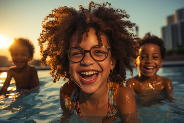 Children swim in a pool at sunset on the roof of a skyscraper - obrazy, fototapety, plakaty