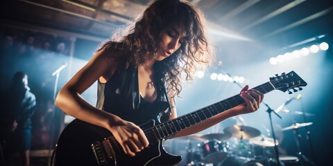 Obraz premium Rockstar Guitarist Performing on Stage. Generative ai