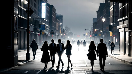 Silhouettes of people walking on a city street
