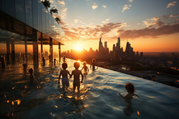 Children swim in a pool at sunset on the roof of a skyscraper