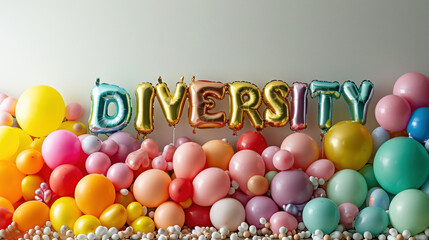 A group of balloons and letters spelling diversity in the air, AI