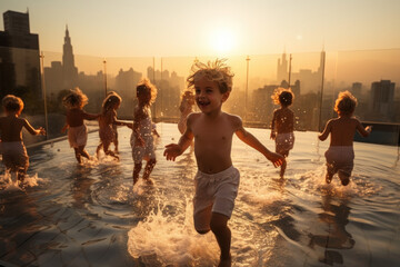 Children swim in a pool at sunset on the roof of a skyscraper