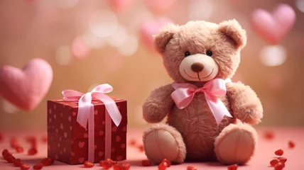 Fotobehang A cute teddy bear, with a charming gift box next to it, making the perfect Valentine's Day or birthday card. Concept of love. Generative AI © AIExplosion