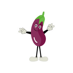 Cute eggplant character vector illustration. Flat eggplant cartoon character waving. Minimal purple eggplant fruit design for children books. Eggplant cartoon character