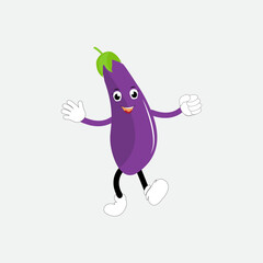 Cute eggplant character vector illustration. Flat eggplant cartoon character waving. Minimal purple eggplant fruit design for children books. Eggplant cartoon character