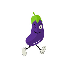 Cute eggplant character vector illustration. Flat eggplant cartoon character waving. Minimal purple eggplant fruit design for children books. Eggplant cartoon character