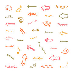 Cute arrows set in comic doodle style. Cartoon collection of arrows with hand drawn outline, curved lines, swirls in different directions. Business arrow mark icons isolated on white background