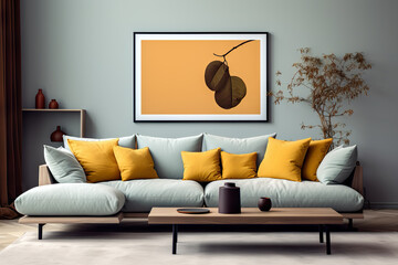 Modern Comfort in Nordic Chic Sofa with Orange Pillows Against Wall with Poster Frame in Scandinavian Home Interior Design of Stylish Living Room. created with Generative AI