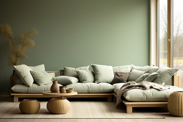 Rustic Elegance Corner Sofa Near Green Wall in Modern Farmhouse Living Room Interior Design. created with Generative AI