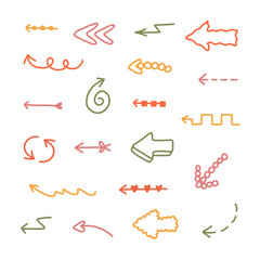 Cute arrows set in comic doodle style. Cartoon collection of arrows with hand drawn outline, curved lines, swirls in different directions. Business arrow mark icons isolated on white background