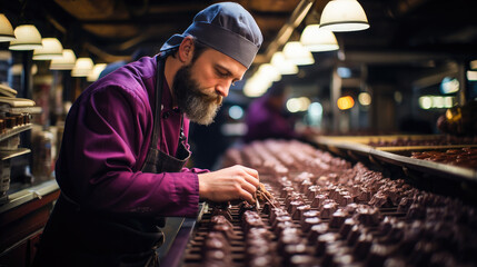 A focused chef carefully arranges handcrafted chocolates on a workbench in a confectionery kitchen.