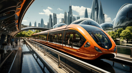Futuristic orange train arriving at an eco-friendly station in a modern metropolitan city with skyscrapers and high-tech architecture.