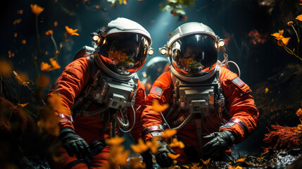 Two astronauts in vibrant orange suits surrounded by autumn leaves, evoking a sense of exploration and science fiction.