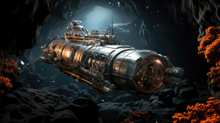 A highly detailed spaceship traversing through a rocky space environment, surrounded by glowing organisms, illustrating a futuristic space exploration scene.