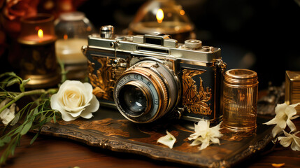Vintage film camera elegantly displayed among candles and flowers, evoking a sense of nostalgia and luxury in classic photography. - obrazy, fototapety, plakaty