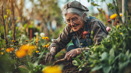 Portrait of the smiling senior grandmother with satisfaction on face preparing soil for planting at early morning. Concept of ecological environment - obrazy, fototapety, plakaty