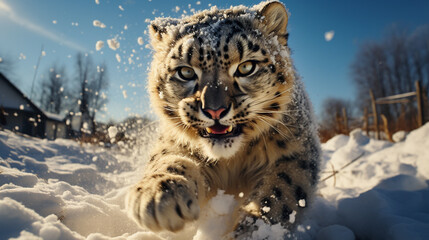 A scene of a cartoon snow leopard playfully pouncing in a snowy landscape.