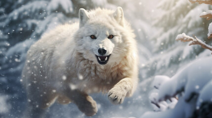 Obraz premium A lively image of a snow fox with exaggerated features, leaping through a snowy forest.