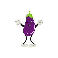 Cute eggplant character vector illustration. Flat eggplant cartoon character waving. Minimal purple eggplant fruit design for children books. Eggplant cartoon character.