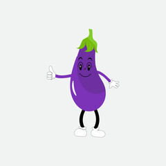 Cute eggplant character vector illustration. Flat eggplant cartoon character waving. Minimal purple eggplant fruit design for children books. Eggplant cartoon character.