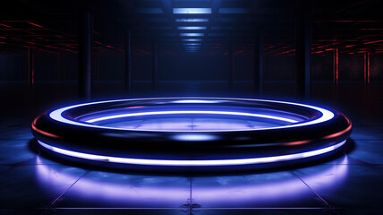 Dark blue podium with neon.