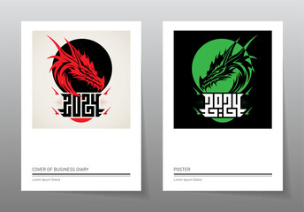 Set of Posters for chinese new year 2024. Illustration with a stylized dragon silhouette. Happy New Year, 2024 the year of the Dragon.