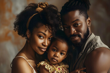 Studio shot style family portrait of young African American couple with daughter,