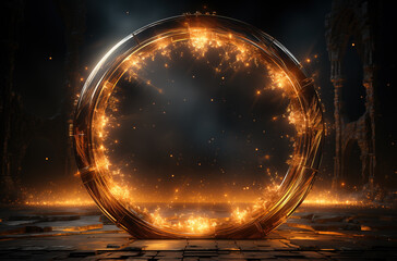 Magical fire portal in the shape of a circle. Magical lights. Fantasy gate illustration. A gateway...