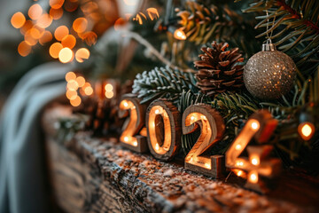 année 2024 en 3d en bois dans un décor de noël et de fêtes de fin d'année avec sapin, boules , gui, guirlandes et bougies - obrazy, fototapety, plakaty