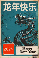 affiche vintage avec les vœux pour la nouvelle année 2024, année du dragon selon calendrier chinois
