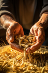 A close-up view of hands carefully inspecting and sorting wheat grains for quality. - obrazy, fototapety, plakaty