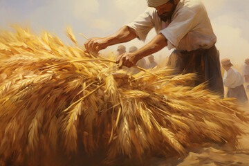A depiction of hands tying bundles of wheat into sheaves during harvest. - obrazy, fototapety, plakaty