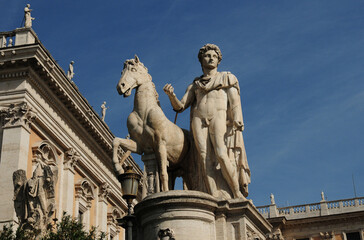 Obraz premium Statue With Horse At Piazza Del Campidoglio In Rome Italy On A Wonderful Spring Day With A Few Clouds In The Sky