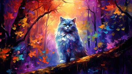 oil painting style illustration, cute grey cat in autumn forest, cute and adorable wildlife, idea for wall art decor and background wallpaper, Generative Ai