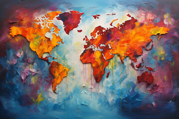 An abstract portrayal of the continents, each a burst of colors and textures that represent its essence.