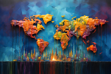 An abstract portrayal of the continents, each a burst of colors and textures that represent its essence.