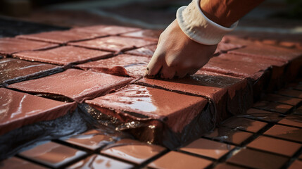 An image of a detailed, step-by-step process of creating a waterproof layer with brick tiles. - obrazy, fototapety, plakaty