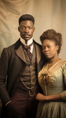 An evocative vertical portrait featuring an African-American black couple in 19th-century retro style. Timeless elegance and vintage charm captured in an indoor setting