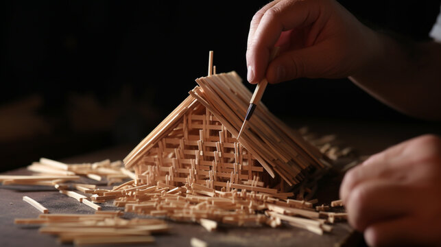 An image of a hobbyist gluing matchsticks together to form a sturdy model roof.