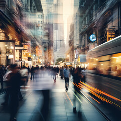 Fototapeta na wymiar A bustling city street with people in motion blur.