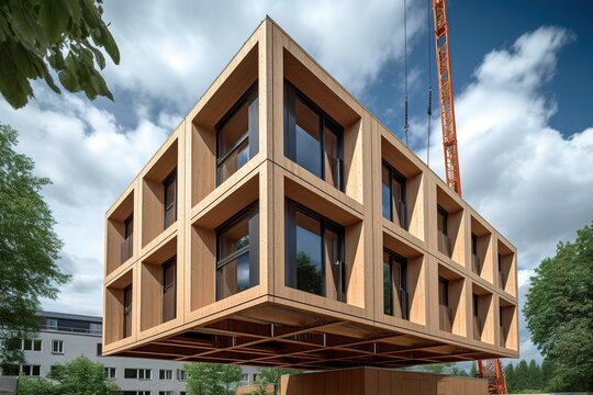 Modulbau Haus - Holzmodule werden angeliefert mit dem Kran auf einer Baustelle. Fertighaus wird aufgestellt.