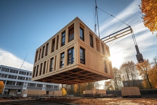 Modulbau Haus - Holzmodule werden angeliefert mit dem Kran auf einer Baustelle. Fertighaus wird aufgestellt.