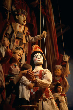 An artistic view of a modern puppet theater performance, blending traditional and contemporary styles.