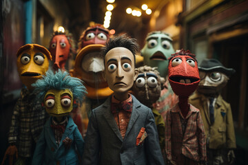 A whimsical portrayal of puppets in between shows, as if they have a life of their own backstage.
