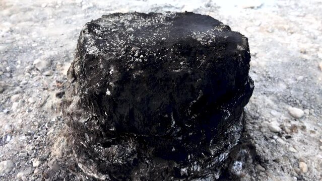 After a forest fire. Smoldering, smoking tree stump, charred stub, phytoleims