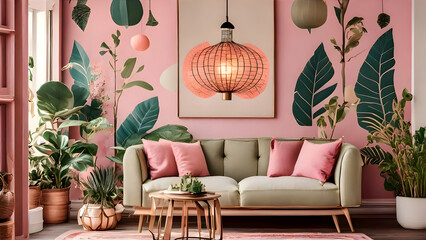 Interior, Modern Room, Modern interior design, living room with flowers and chairs, Interior with flowers, drawing room, modern drawing room interior, pink, green, Wallpaper