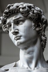 A beautiful stone stoic sculpture, statue of david portraying masculinity and stoicism.