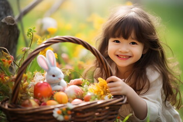 asian child hold easter eggs basket, Generative AI