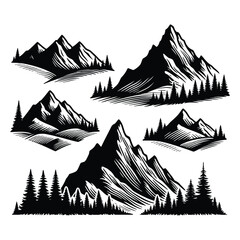 Set of mountain silhouettes isolated on a white background, Vector illustration. - obrazy, fototapety, plakaty